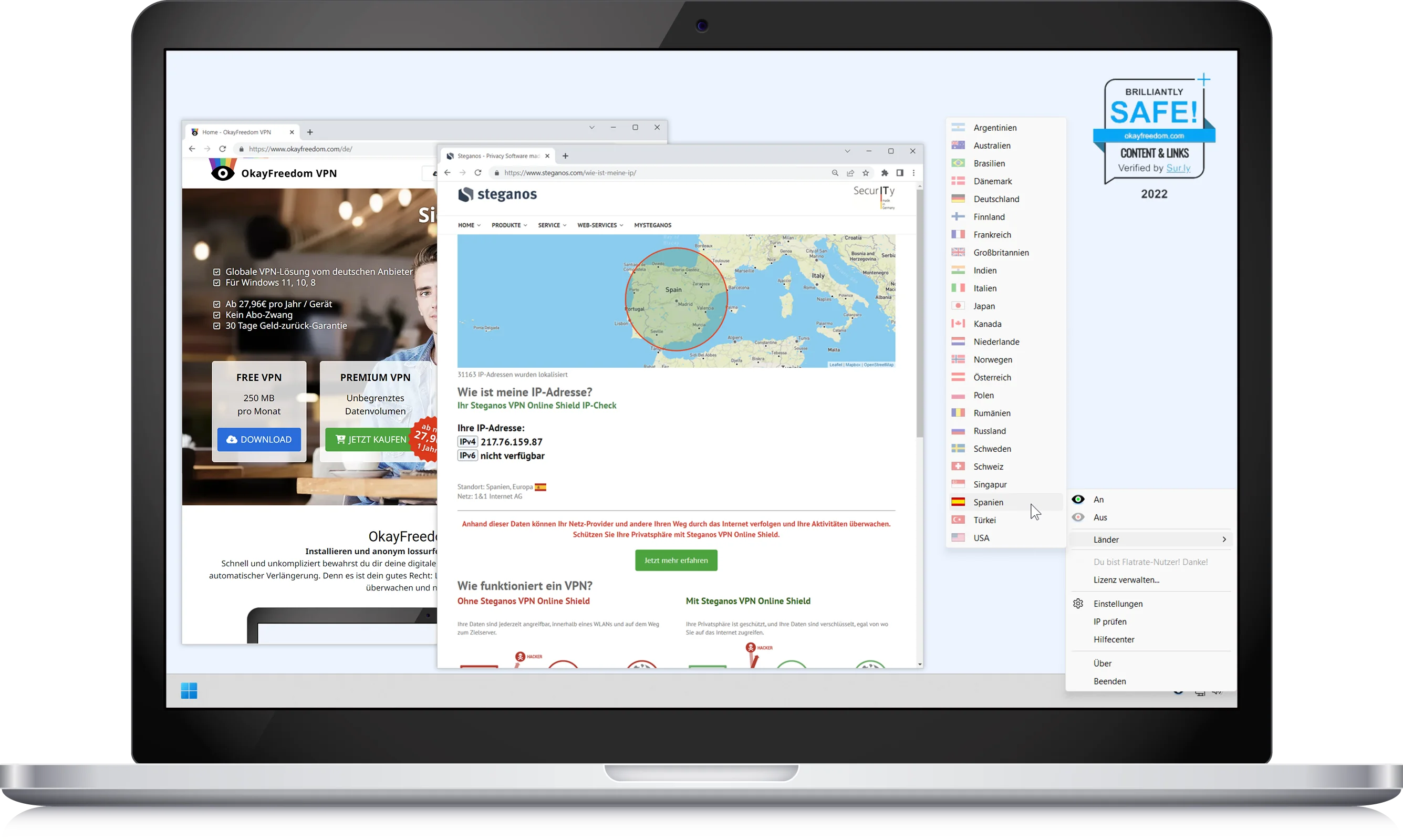 Laptop mit OkayFreedom VPN Screenshots